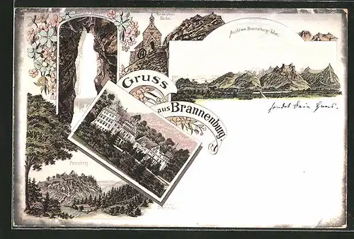 Lithographie Brannenburg, Schloss, Petersberg, Wasserfall am Tatzelwurm