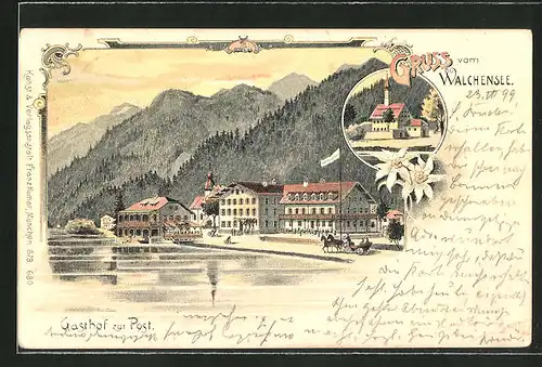 Lithographie Walchensee, Ortsansicht mit Gasthaus zur Post
