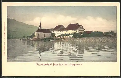 AK Hurden, Ortspartie mit Kirche vom Wasser aus gesehen