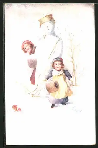 Künstler-AK Ezel: Kinder neben einem Schneemann