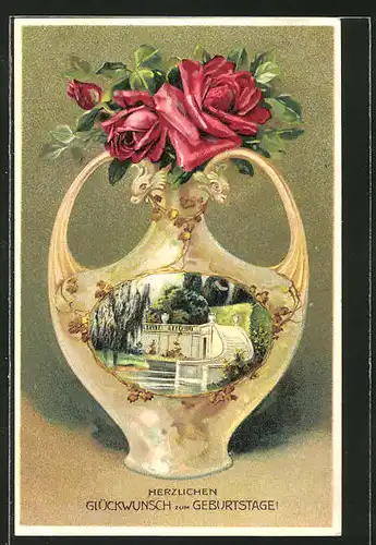 AK Blumen in einer Vase mit Teichpartie und Treppe, Jugendstil