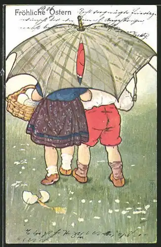 Künstler-AK Maxim Trübe: Fröhliche Ostern, Kinder unter Regenschirm