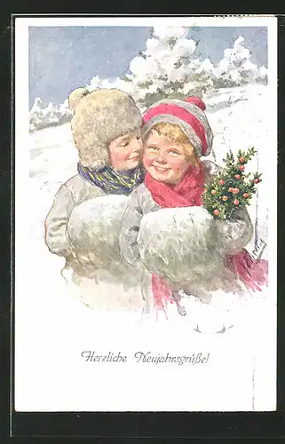 Künstler-AK Karl Feiertag: Neujahrsgrüsse!, kleines Paar im Schnee