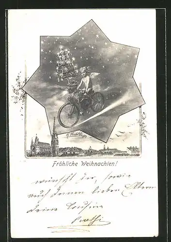Künstler-AK Charles Scolik: Weihnachtsengel auf einem Fahrrad