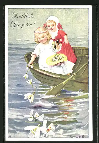 Künstler-AK E. Reckziegel: Pfingstgruss, Kinder streuen vom Boot Blumen ins Wasser