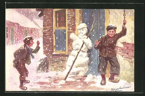 Künstler-AK Johan Georg Gerstenhauer: Lausbengel haben einen Schneemann vor einer Haustüre gebaut