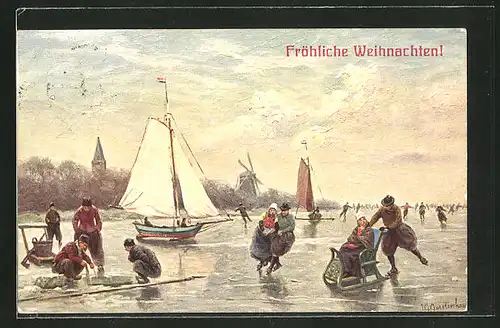 Künstler-AK Johan Georg Gerstenhauer: Fröhliche Weihnachten, Holländer beim Schlittschuhlaufen und Eisfischen