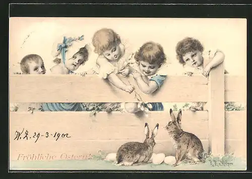 Künstler-AK Wichera: Fröhliche Ostern, Kinder necken Hasen mit Weidenkätzchen