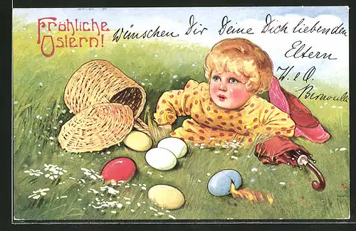 Künstler-AK Maxim Trübe: Fröhliche Ostern, Kind auf einer Wiese mit Ostereiern