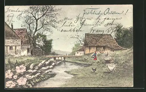 Künstler-AK sign. Heinrich Wertheim: Fröhliche Ostern, Bauernhof am Fluss