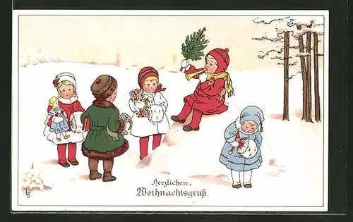 Künstler-AK Lia Döring: Weihnachtsgruss, Kinder mit ihrem Spielzeug im Schnee