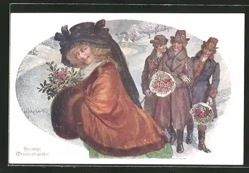 Künstler-AK H. Schubert: Weihnachtsgruss, Dame mit ihren Verehrern