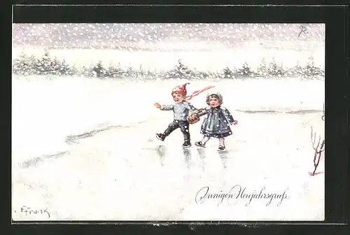Künstler-AK Elly Frank: Innigen Neujahrsgruss, Kleines Paar beim Schlittschuhlaufen