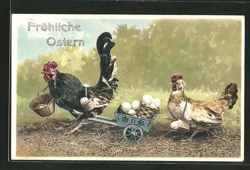Präge-AK Hühner beim Eiertransport, "Fröhliche Ostern"