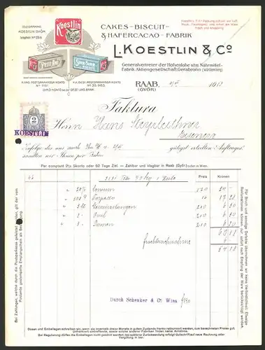 Rechnung Raab 1913, Keks - und Kakao-Fabrik L. Koestlin & Co., verschiedene Kekspackungen