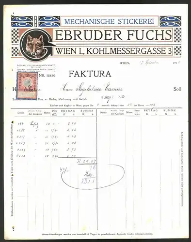 Rechnung Wien 1910, Mechanische Stickerei Gebrüder Fuchs, Fuchs-Firmenlogo