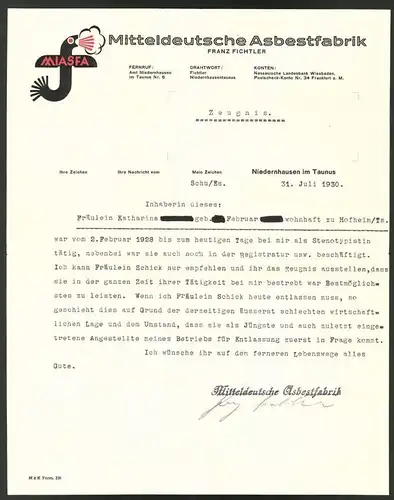 Briefkopf Niedernhausen / Taunus 1930, Mitteldeutsche Asbestfabrik Franz Fichtler, Firmenlogo, Zeugnis