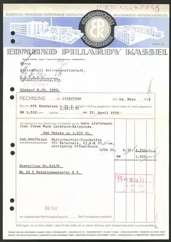 Rechnung Kassel, Druckerei Edmund Pillardy, Fabrikgebäude & Firmenlogo