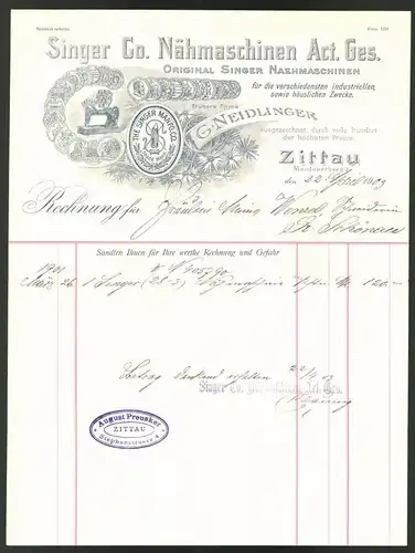 Rechnung Zittau 1903, Singer Co. Nähmaschinen AG, Schutzmarke, Messe-Medaillen & Nähmaschine