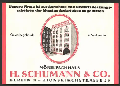 Briefkopf Berlin, Möbelfachhaus H. Schumann & Co., Geschäftshaus in der Zionskirchstr. 38