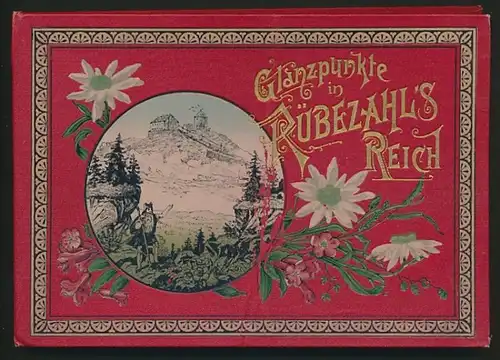 Leporello-Album Rübezahl's Reich, mit 28 Lithographie-Ansichten, Hirschberg, Warmbrunn, Kynast, schöner Einband