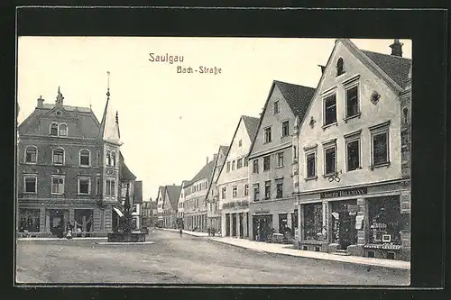 AK Saulgau, Bach-Strasse mit Geschäften