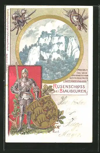 Präge-AK Blaubeuren, Blick auf Ruine Rusenschloss, Ritter mit Schwert und Schild