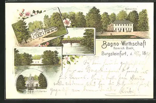 Lithographie Burgsteinfurt, Gasthaus Bagno-Wirtschaft, Kiosk, Wache