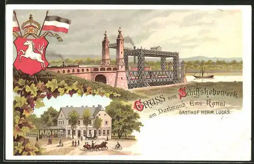 Lithographie Waltrop, Gasthaus Schiffshebewerk von Herm. Lucas am Dortmund-Ems-Kanal