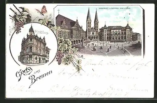 Lithographie Bremen, Marktplatz mit Rathaus, Dom & Börse, Restaurant zur Paulsburg