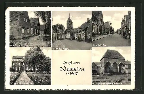 AK Wessum /Westf., Blick zur Kirche, Schulstrasse, St. Friedrich-Hospital