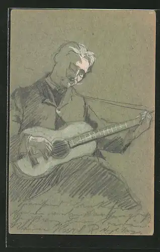 Künstler-AK Handgemalt: Mann spielt auf einer Gitarre