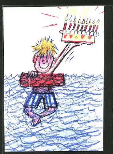 Künstler-AK Handgemalt: kleiner Junge schwimmt mit einer Torte im Wasser