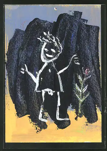 Künstler-AK Handgemalt: Strichmännchen mit Blume