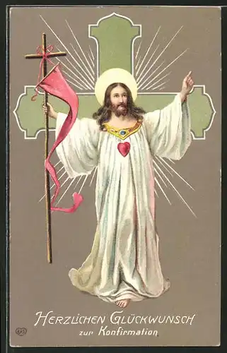 Präge-AK Jesus steht vor einem Kreuz, Konfirmation