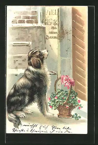 AK Hund bringt einen Blumenkorb ans Haus