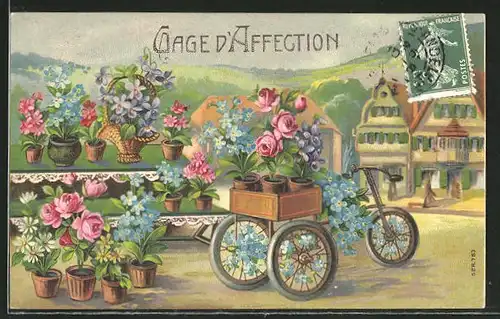 AK Blumenbild, Blumenbeladenes Dreirad vor einem Verkaufsstand