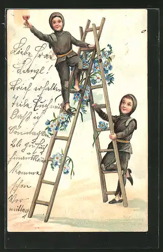 Präge-AK Schornsteinfeger mit Weinglas auf einer Leiter