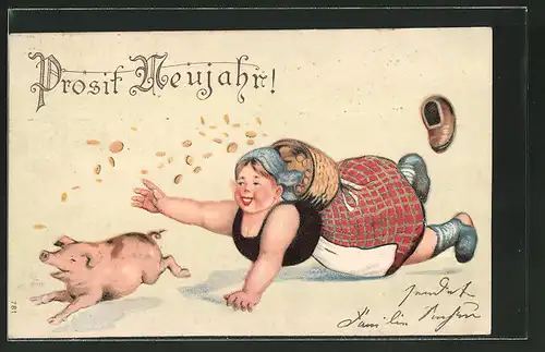 Präge-AK Neujahrsgruss, Bäuerin mit Geldkorb jagt einem Schwein hinterher