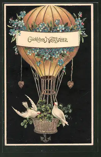 AK Tauben fliegen in einem Ballon mit Kleeblättern und Vergissmeinnicht mit Goldverzierungen