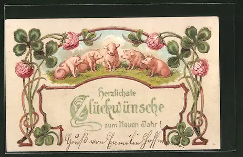 Lithographie Schweine auf der Wiese, Blumen und Klee, Glückwünsche zum neuen Jahr