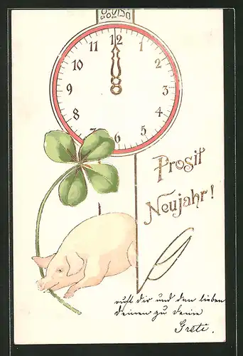 Präge-Lithographie Prosit Neujahr!, Schwein mit Klee und Uhr