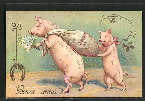Präge-AK Bonne année, Schweine transportieren einen Geldsack