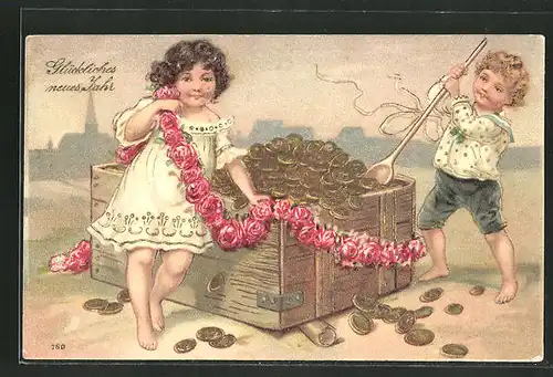 Präge-AK Neujahrsgruss, Kinder bei einer Kiste mit Geld