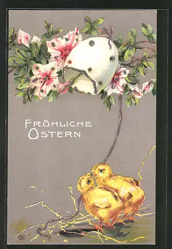 Glitzer-Perl-AK Osterküken läuten eine Eierschalen-Glocke mit Blumen