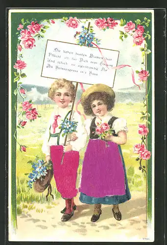 Stoff-Präge-AK Kinderpaar mit Blumen sendet Grüsse