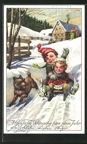 AK Kinder bei einer Rodelpartie mit Schlitten & Hund