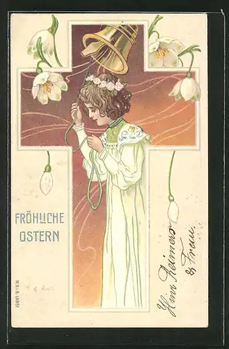 Präge-AK Fröhliche Ostern, Mädchen läutet eine Glocke, Ostergruss mit Maiglöckchen im Jugendstil