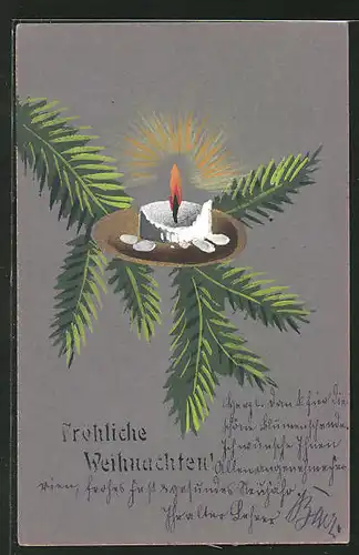 Künstler-AK Handgemalt: Fröhliche Weihnachten, brennende Kerze auf einem Tannenzweig