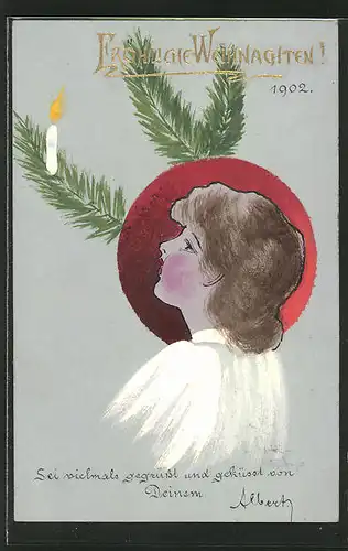 Künstler-AK Handgemalt: Fröhliche Weihnachten, junge Frau blick zur brennenden Kerze auf Tannenzweig